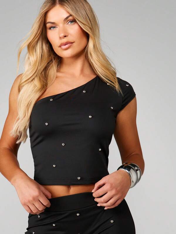 MISSGUIDED Christmas Studded One Shoulder Top With Capri Legging Set