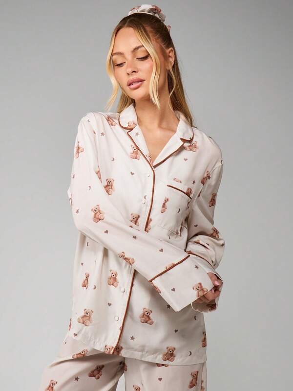 MISSGUIDED Christmas Teddy Bear Print Pajama Set With Button Front