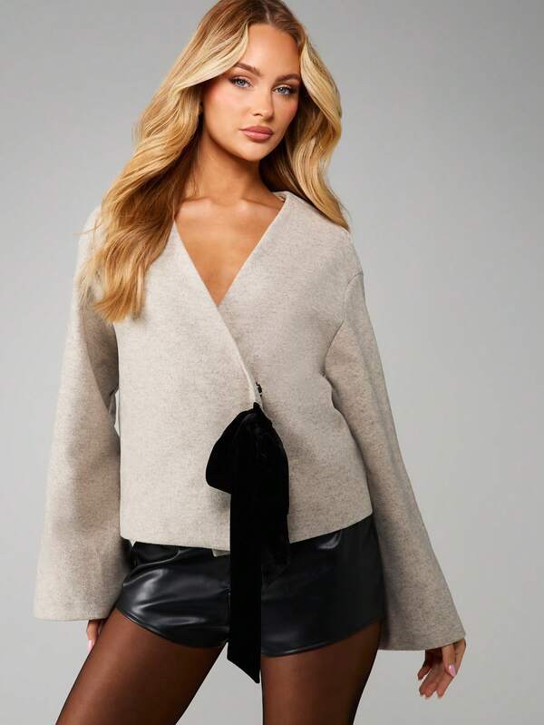 MISSGUIDED Christmas Wrap Cardigan With Bow Tie Closure