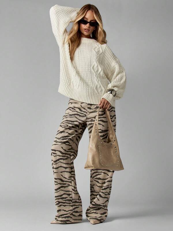MISSGUIDED Chunky Cable Knit Turtleneck Sweater With Ribbed Trim