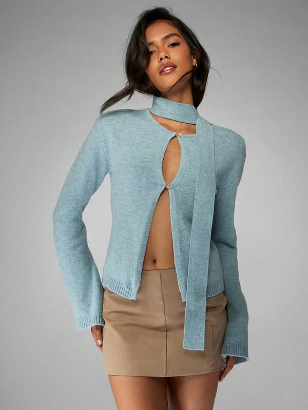 MISSGUIDED Chunky Knit Cardigan With Scarf And Cutout Detail