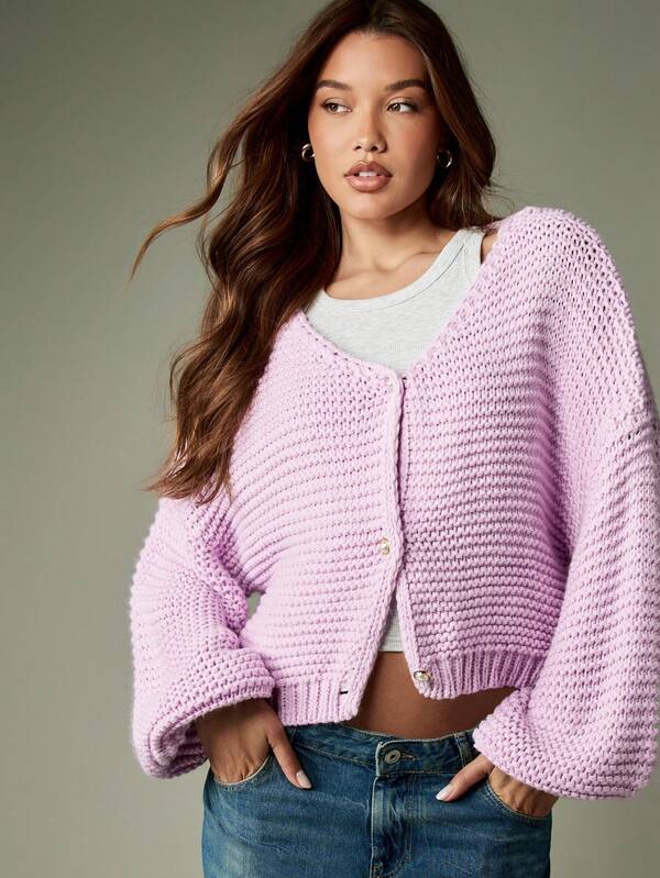 MISSGUIDED Chunky Knit Cropped Cardigan With Balloon Sleeves