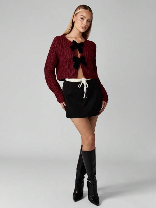 MISSGUIDED Chunky Knit Cropped Cardigan With Velvet Bow Details