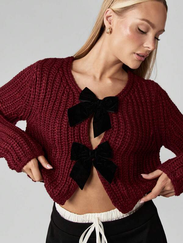 MISSGUIDED Chunky Knit Cropped Cardigan With Velvet Bow Details