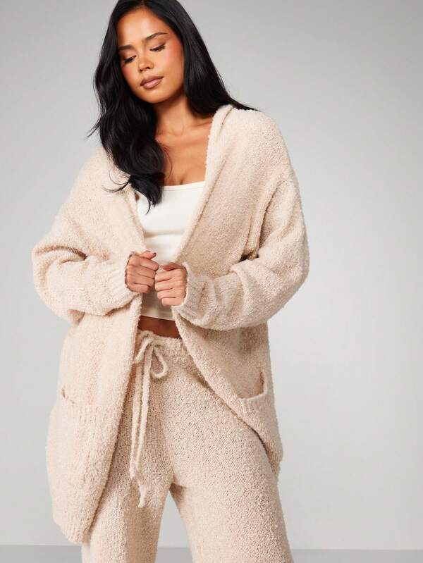 MISSGUIDED Chunky Knit Hooded Cardigan With Wide Leg Pants