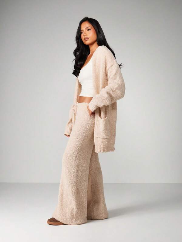 MISSGUIDED Chunky Knit Hooded Cardigan With Wide Leg Pants