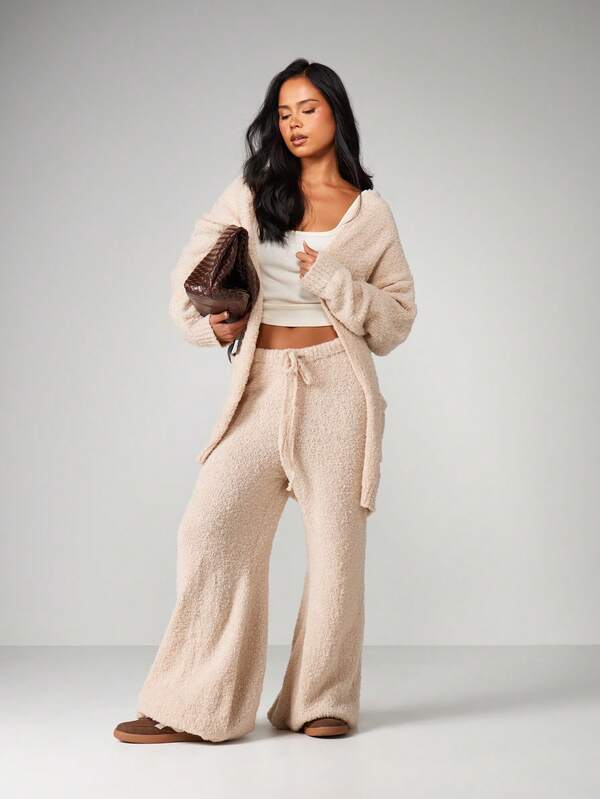 MISSGUIDED Chunky Knit Hooded Cardigan With Wide Leg Pants