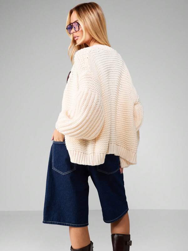 MISSGUIDED Chunky Knit Open Front Cardigan With Balloon Sleeves