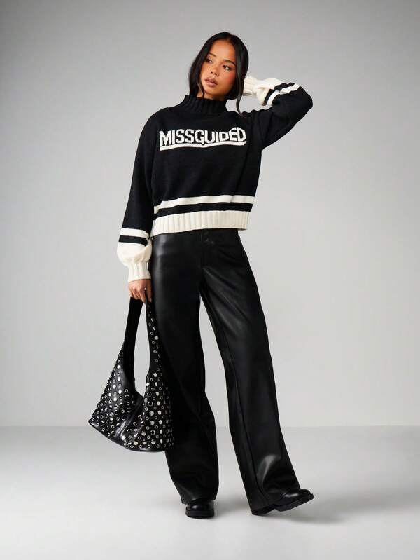 MISSGUIDED Chunky Knit Turtleneck Sweater With Stripes