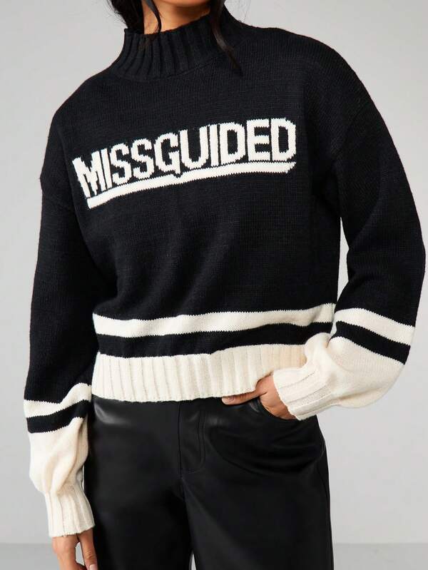 MISSGUIDED Chunky Knit Turtleneck Sweater With Stripes