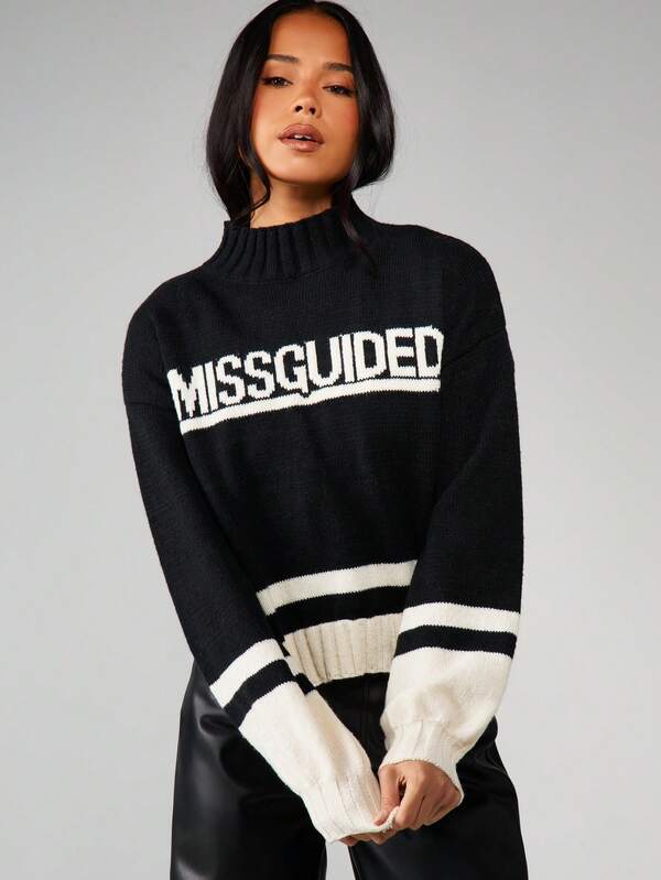 MISSGUIDED Chunky Knit Turtleneck Sweater With Stripes