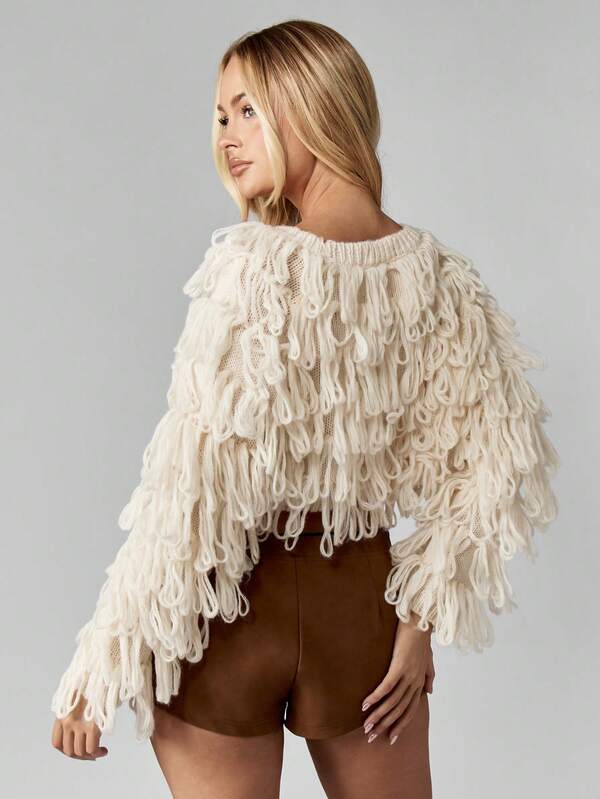 MISSGUIDED Chunky Loop Knit Sweater With Fringe Detail
