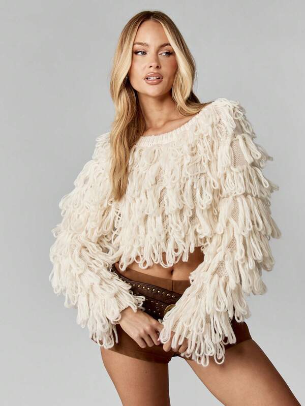 MISSGUIDED Chunky Loop Knit Sweater With Fringe Detail