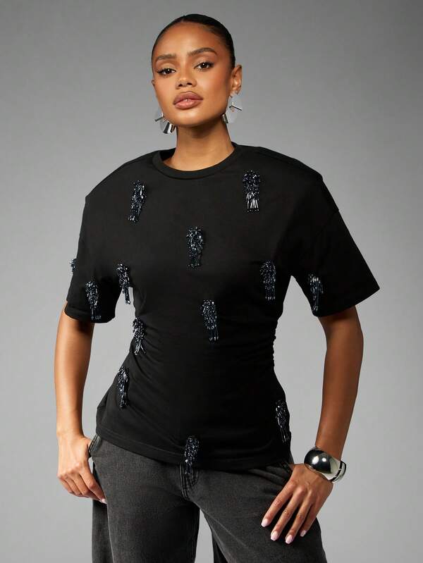 MISSGUIDED Cinched Waist T-Shirt With Crystal Beading Detail