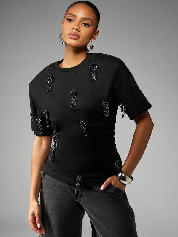 MISSGUIDED Cinched Waist T-Shirt With Crystal Beading Detail