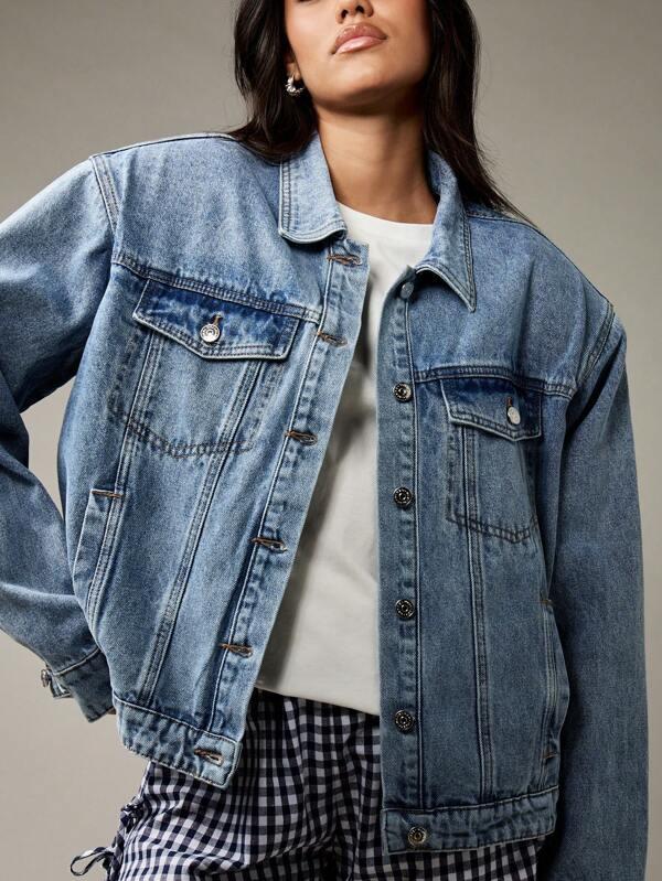 MISSGUIDED Classic Oversized Trucker Denim Jacket Button Front Closure