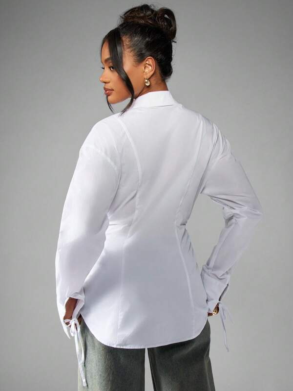 MISSGUIDED Classic White Button Down Blouse With Ruched Waist And Tie Cuff