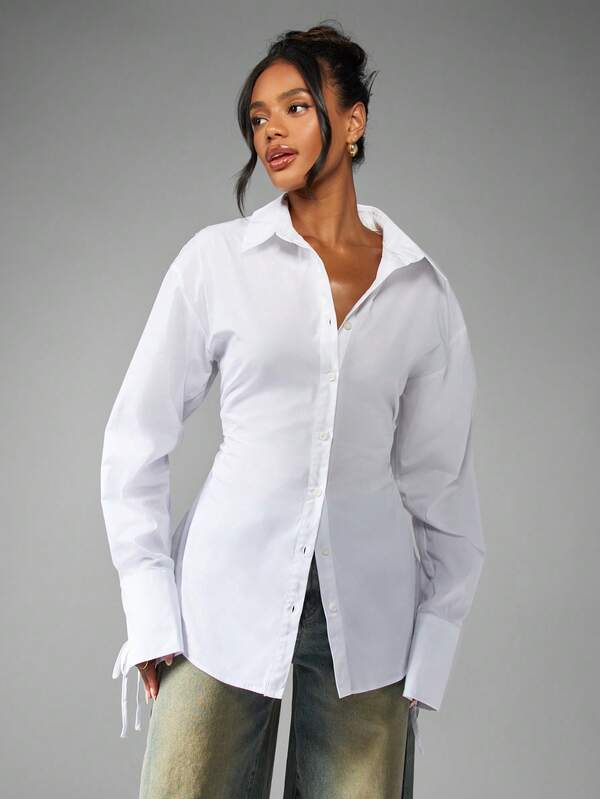 MISSGUIDED Classic White Button Down Blouse With Ruched Waist And Tie Cuff