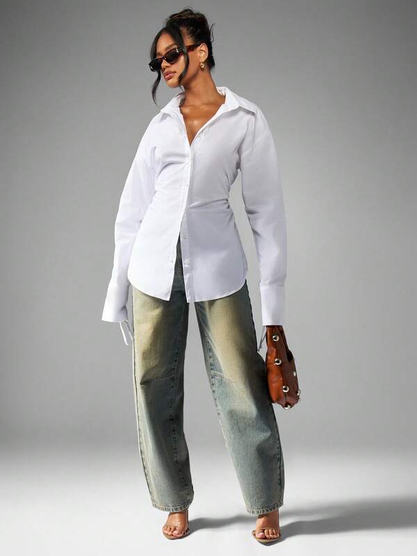 MISSGUIDED Classic White Button Down Blouse With Ruched Waist And Tie Cuff