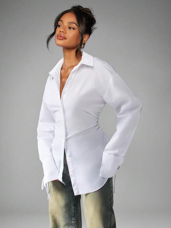 MISSGUIDED Classic White Button Down Blouse With Ruched Waist And Tie Cuff
