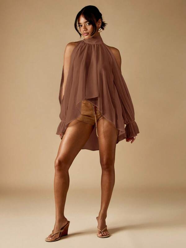 MISSGUIDED Cold Shoulder Mock Neck Balloon Sleeve Blouse