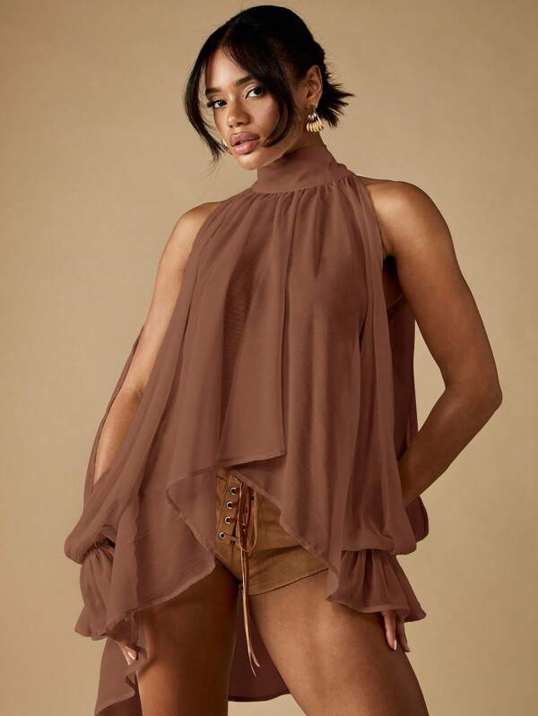 MISSGUIDED Cold Shoulder Mock Neck Balloon Sleeve Blouse