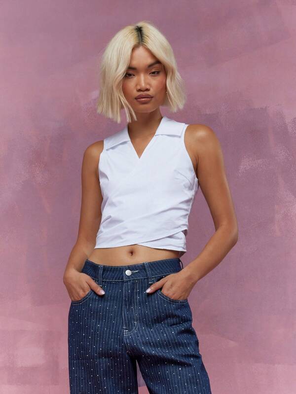MISSGUIDED Collar Halter Neck Wrap Around Crop Top