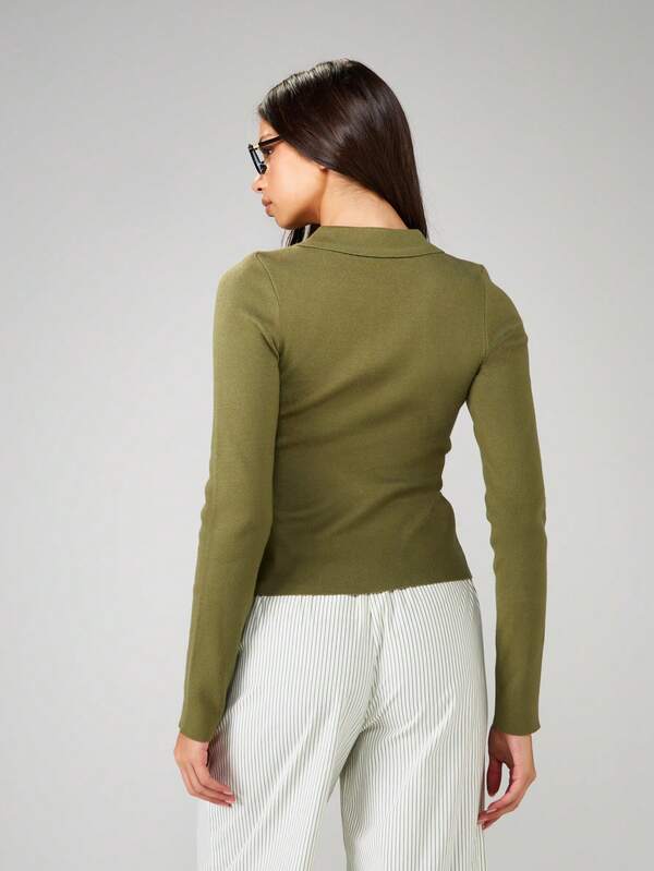 MISSGUIDED Collared Keyhole Button Front Ribbed Cardigan