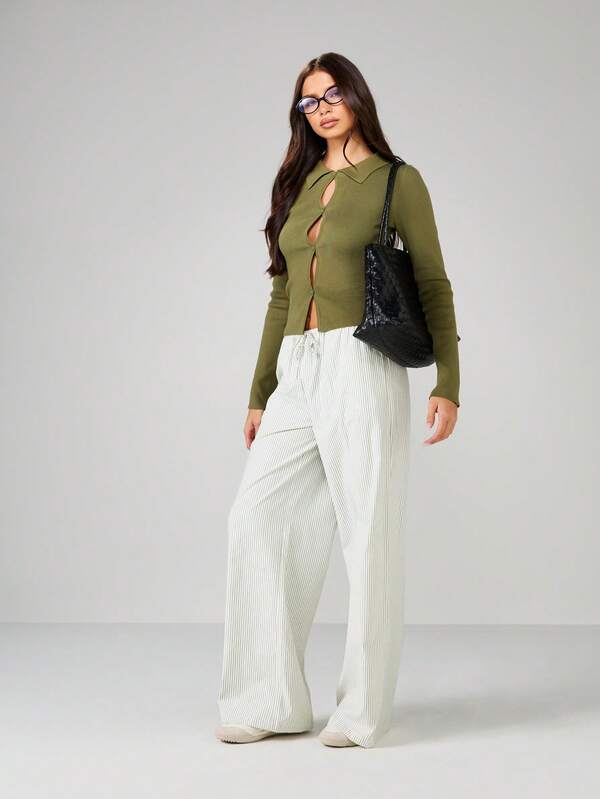 MISSGUIDED Collared Keyhole Button Front Ribbed Cardigan
