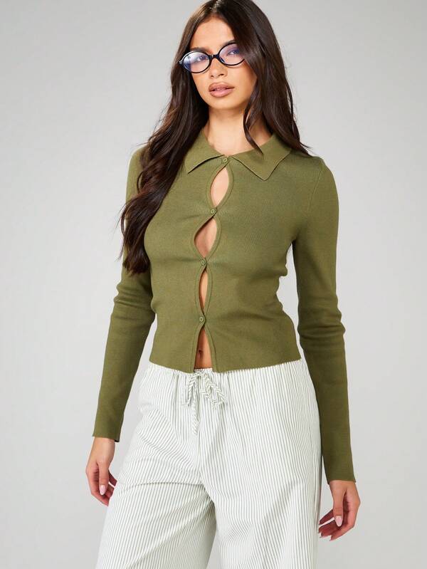 MISSGUIDED Collared Keyhole Button Front Ribbed Cardigan