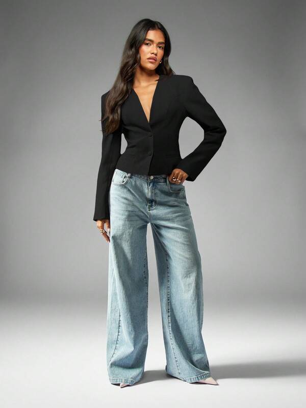 MISSGUIDED Collarless Cropped Blazer With Structured Shoulders Double Button