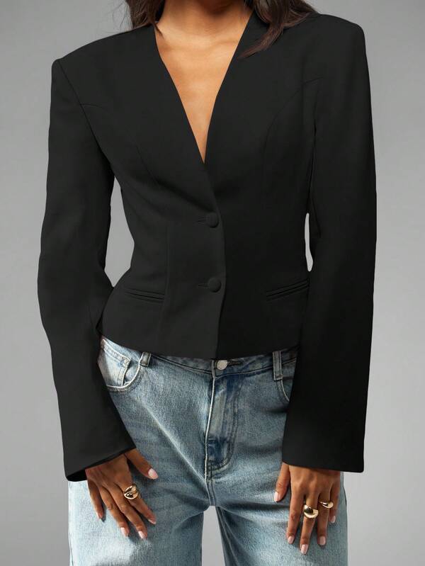 MISSGUIDED Collarless Cropped Blazer With Structured Shoulders Double Button