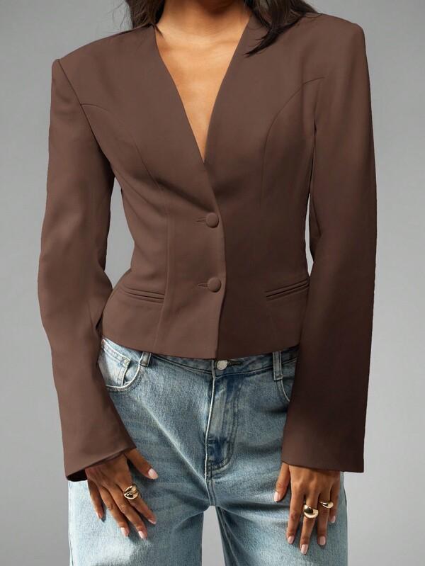 MISSGUIDED Collarless Cropped Fitted Blazer With Double Button Front