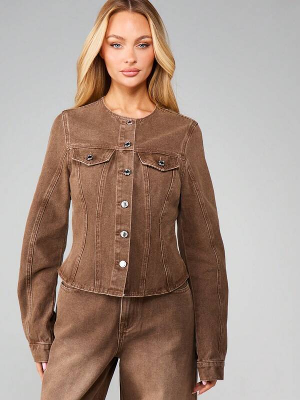 MISSGUIDED Collarless Peplum Hem Denim Jacket