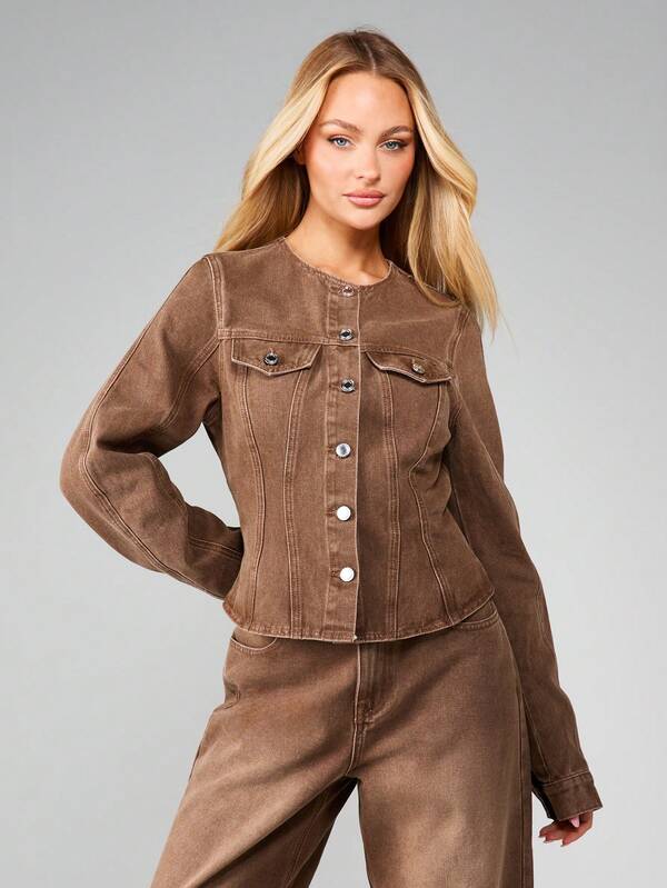 MISSGUIDED Collarless Peplum Hem Denim Jacket