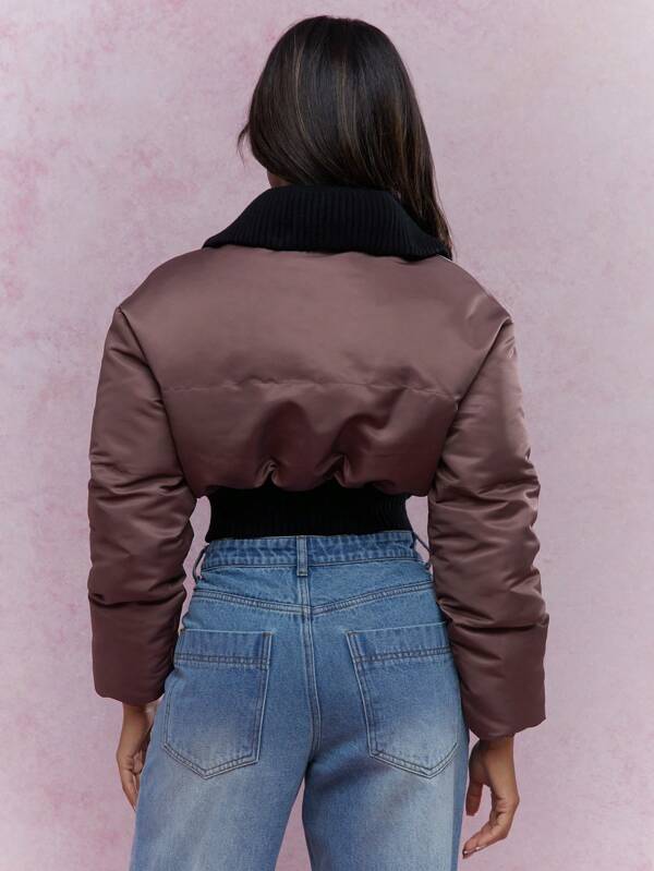 MISSGUIDED Contrast Collar Padded Long Sleeves Zip Through Cropped Jacket Winter Wear