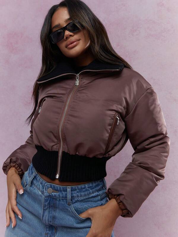 MISSGUIDED Contrast Collar Padded Long Sleeves Zip Through Cropped Jacket Winter Wear