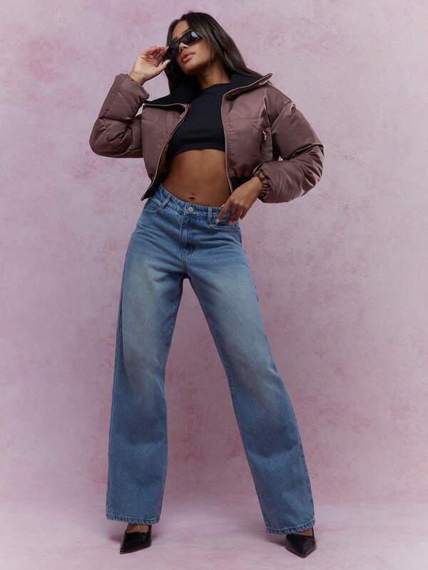 MISSGUIDED Contrast Collar Padded Long Sleeves Zip Through Cropped Jacket Winter Wear