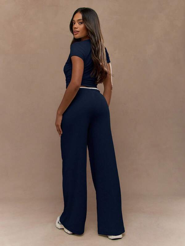 MISSGUIDED Contrast Collar Top And Wide Leg Pants Set