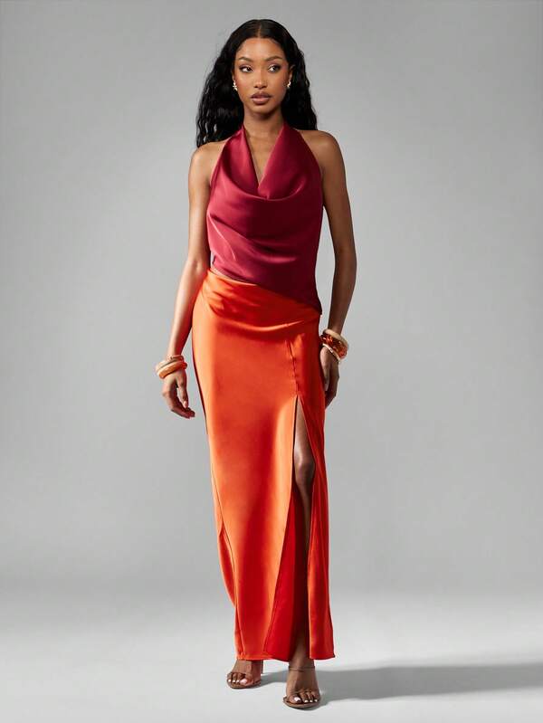 MISSGUIDED Contrast Satin Midaxi Dress With Cowl Neckline
