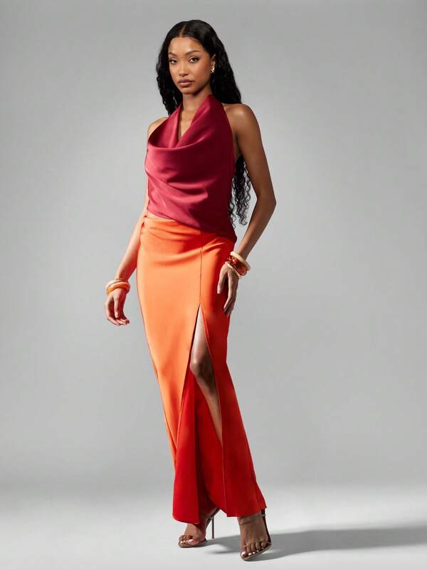 MISSGUIDED Contrast Satin Midaxi Dress With Cowl Neckline