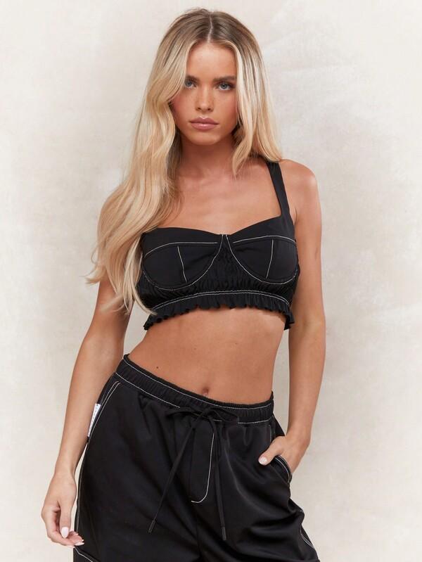MISSGUIDED Contrast Stitching Bust Detail Frill Hem Crop Cami Top