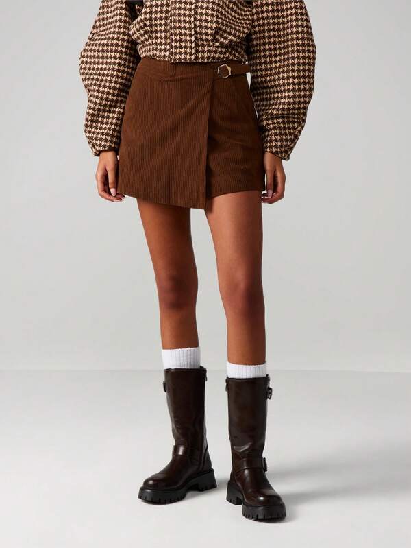 MISSGUIDED Corduroy Wrap Skort With Buckle Detail