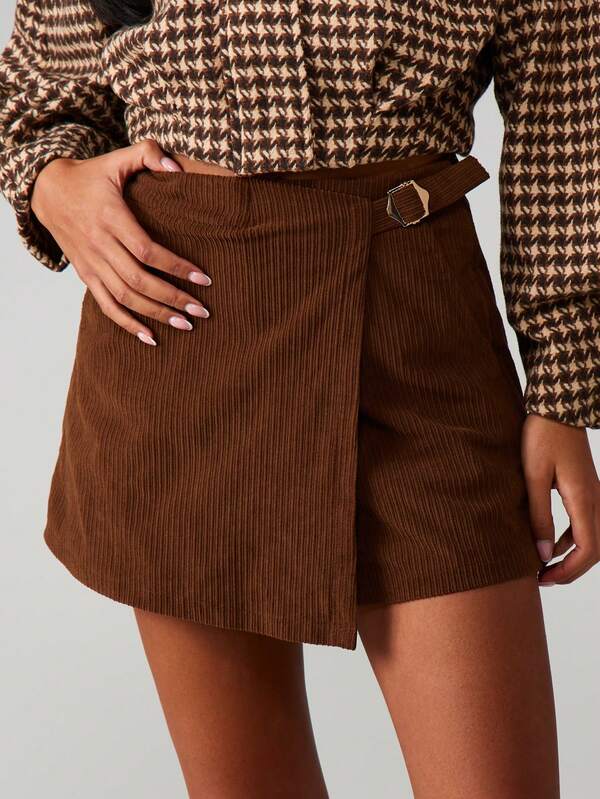 MISSGUIDED Corduroy Wrap Skort With Buckle Detail