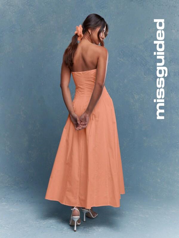 MISSGUIDED Corset Bust Pleated Bandeau With Scrunchie Midi Dress