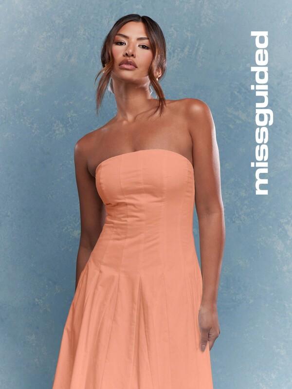 MISSGUIDED Corset Bust Pleated Bandeau With Scrunchie Midi Dress