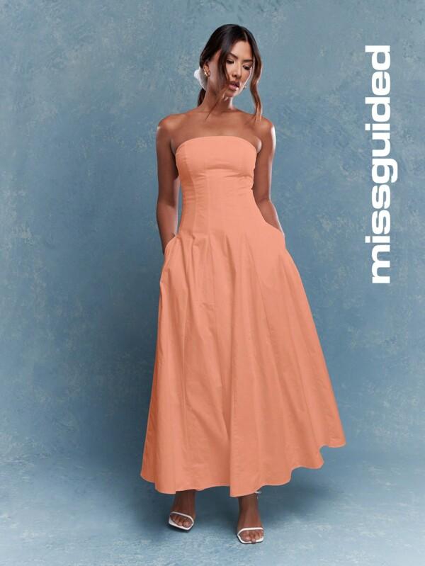 MISSGUIDED Corset Bust Pleated Bandeau With Scrunchie Midi Dress