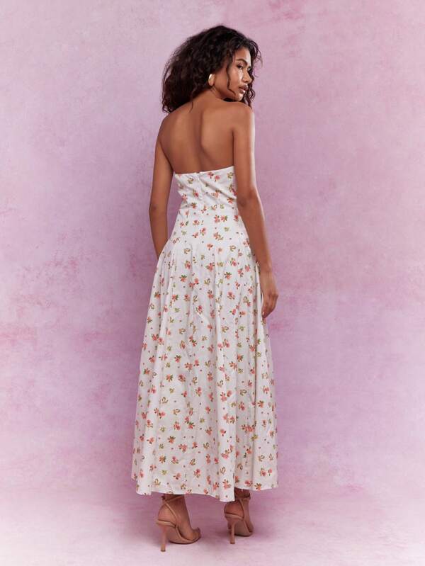 MISSGUIDED Corset Bust Pleated Flowy Floral Print Midi Dress