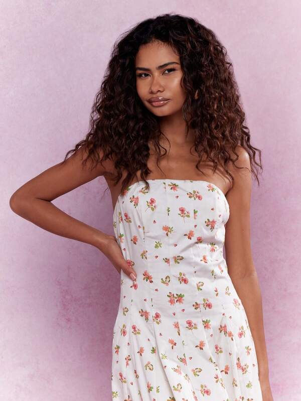 MISSGUIDED Corset Bust Pleated Flowy Floral Print Midi Dress