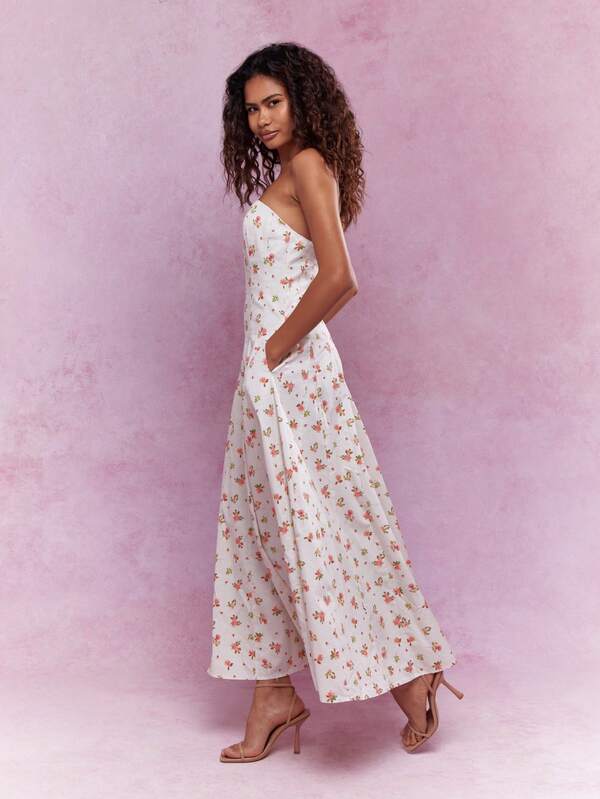 MISSGUIDED Corset Bust Pleated Flowy Floral Print Midi Dress
